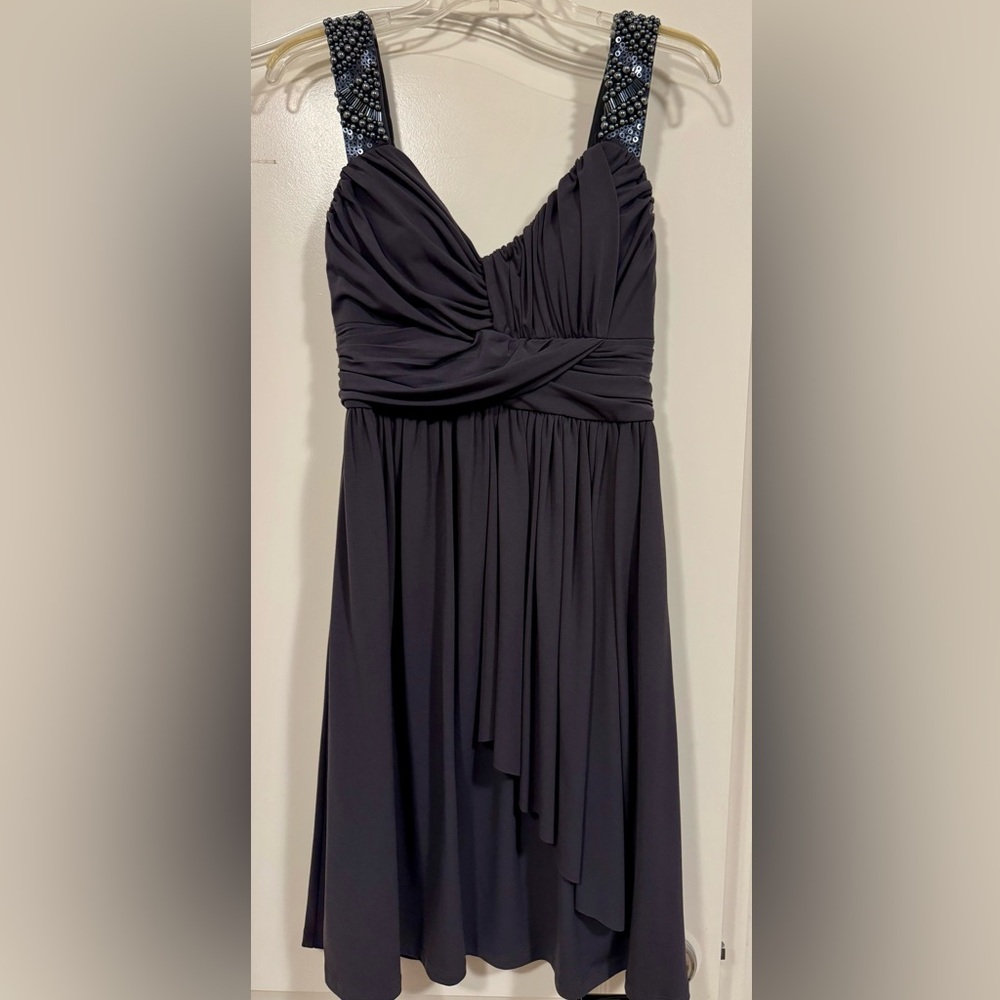 Maggy London gray Strapless Gown with Ruched Pleats